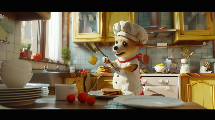 Foto um cão de desenho animado bonito vestindo um chapéu de chef e avental está cozinhando panquecas em uma cozinha o cão está lançando uma panqueca no ar com uma espátula