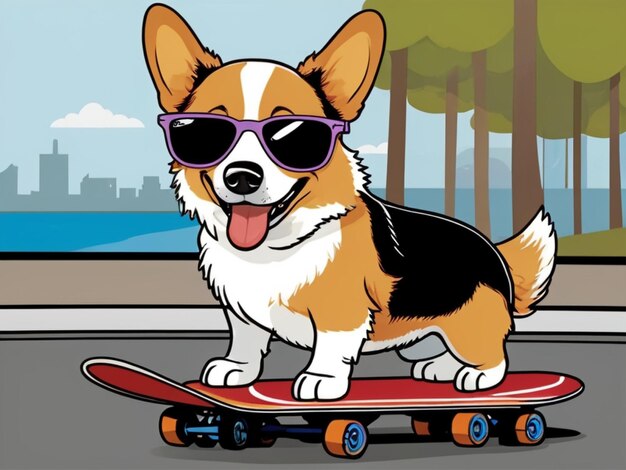 Foto um cão de desenho animado montando um skate usando um par de óculos de sol