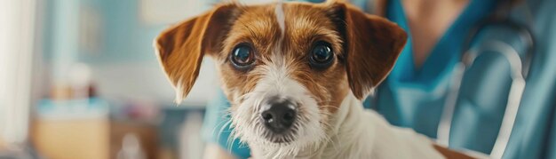 Um cão de estimação examinando um cachorro em um médico veterinário em uma clínica de animais de estimação