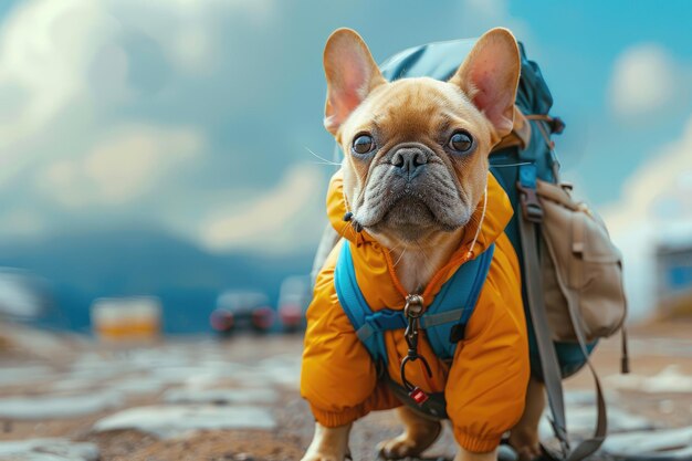 Um cão de fato de caminhada numa mochila