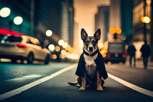 Foto um cão de fato está sentado no meio de uma rua.