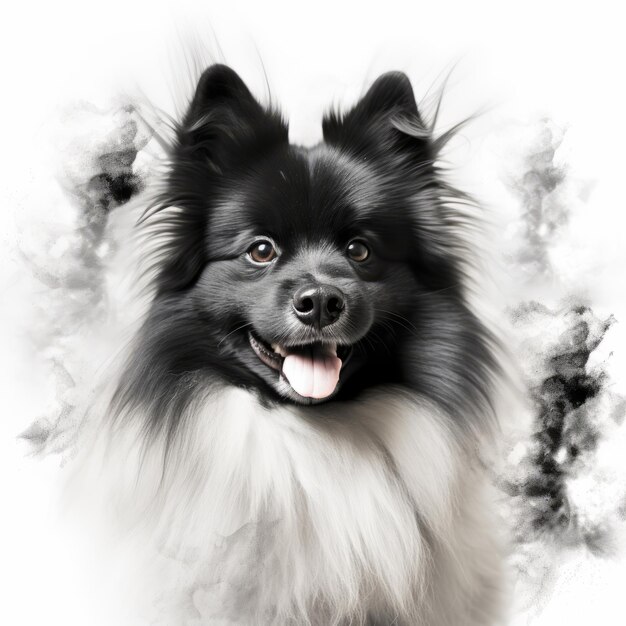 Um cão de Keeshond preto e branco em fumaça de sonho