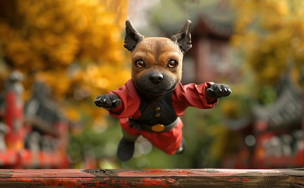 Foto um cão de kung fu de desenho animado 3d tentando saltar sobre um obstáculo com um olhar cômico de foco