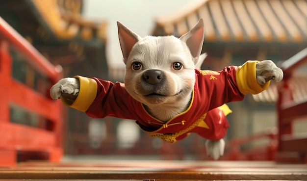 Um cão de Kung Fu de desenho animado 3D tentando saltar sobre um obstáculo com um olhar cômico de foco