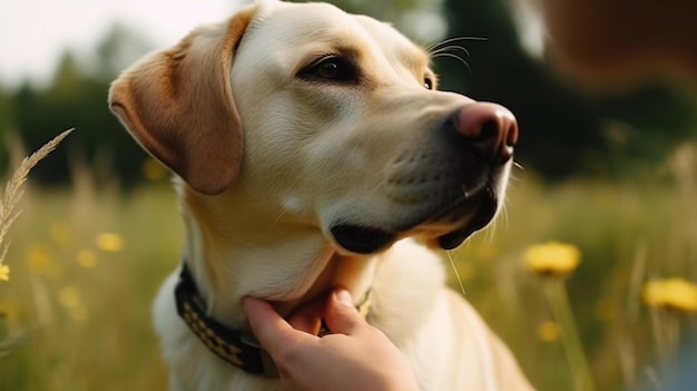 Um cão de laboratório amarelo está sendo acariciado por um homem.