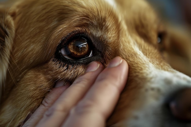 Um cão de olhos castanhos está apoiando a cabeça na mão de uma pessoa.