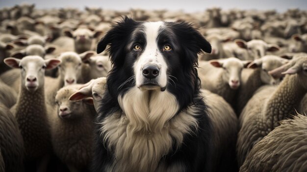 Um cão de pastor levantando a cabeça de um rebanho de ovelhas indica umicidade e perdido na multidão