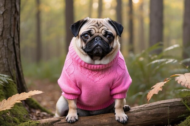 Um cão de pug com uma camisola rosa senta-se na floresta