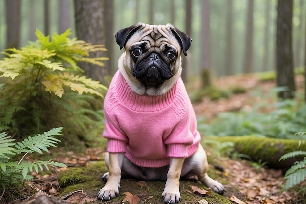 Um cão de pug com uma camisola rosa senta-se na floresta