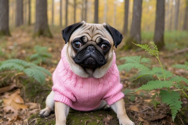 Um cão de pug com uma camisola rosa senta-se na floresta