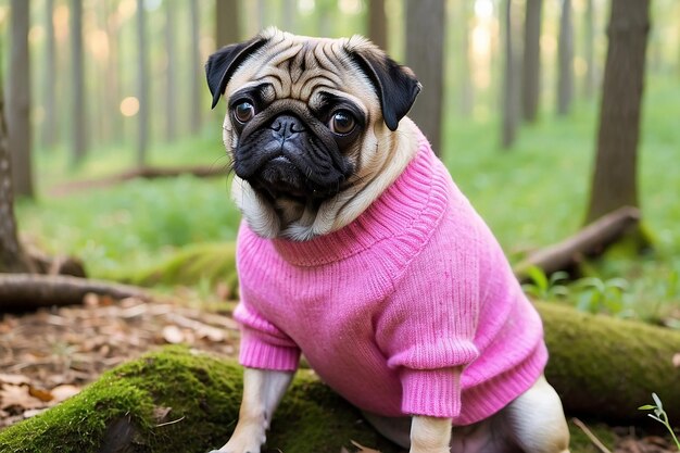 Um cão de pug com uma camisola rosa senta-se na floresta