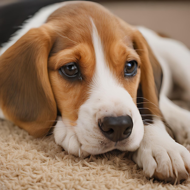 um cão deitado em um tapete com as patas no chão