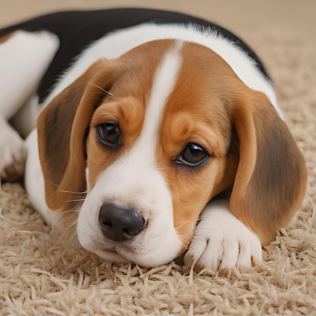 Foto um cão deitado em um tapete com um rosto branco e marrom