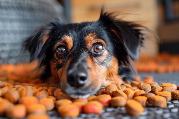 Foto um cão deitado no chão com a cabeça apoiada em uma pilha de comida para cães