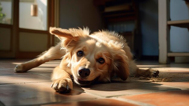 um cão deitado no chão com uma janela atrás dele