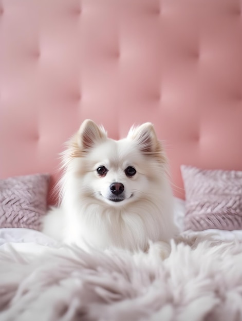 Um cão deitado numa cama.