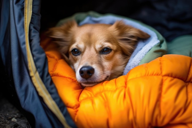 Um cão dentro de um saco de dormir perto de uma fogueira