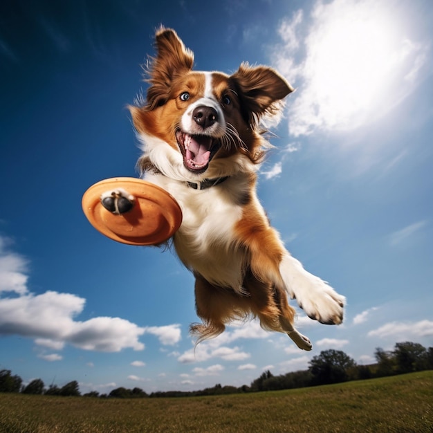 Foto um cão dinâmico pegando um frisbee no ar