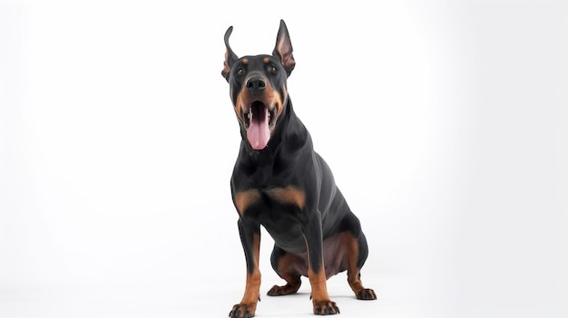 Um cão doberman sentado sobre um fundo branco