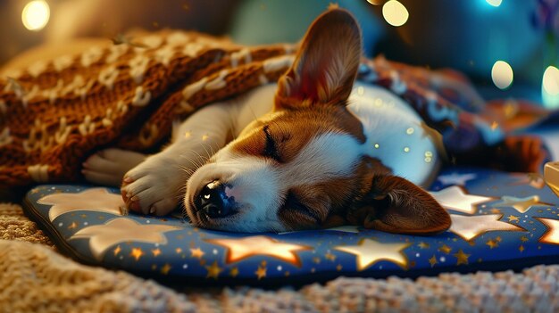 Foto um cão dormindo em um mouse pad com estrelas