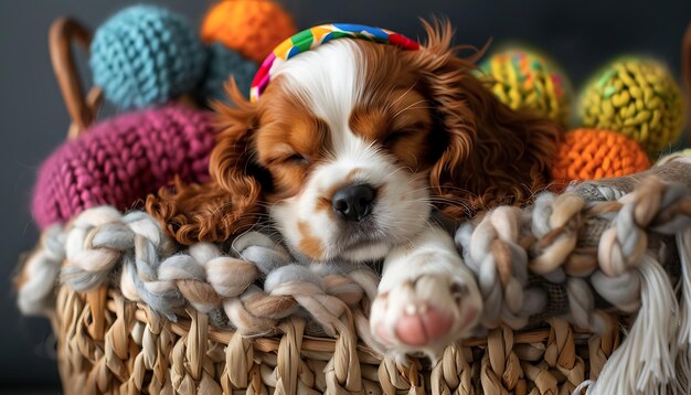 um cão dormindo em uma cesta com um brinquedo nele