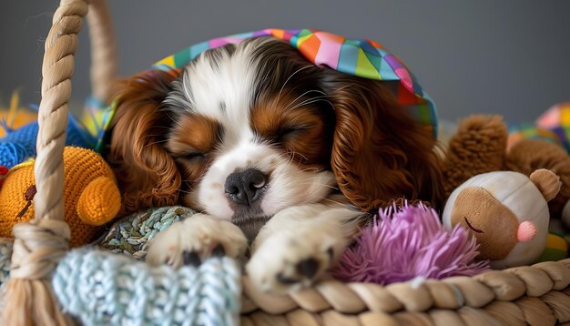 um cão dormindo em uma cesta com um chapéu de cor arco-íris em sua cabeça