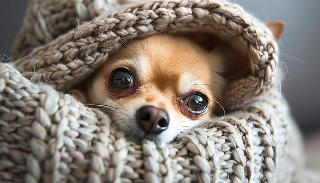 um cão é enrolado em um cobertor com um rosto marrom e preto