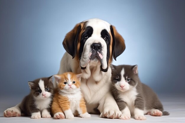 Foto um cão e três gatinhos estão sentados juntos