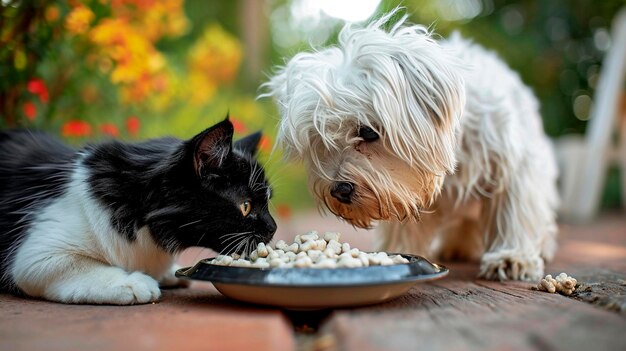 Um cão e um gato comem do mesmo prato Foco seletivo