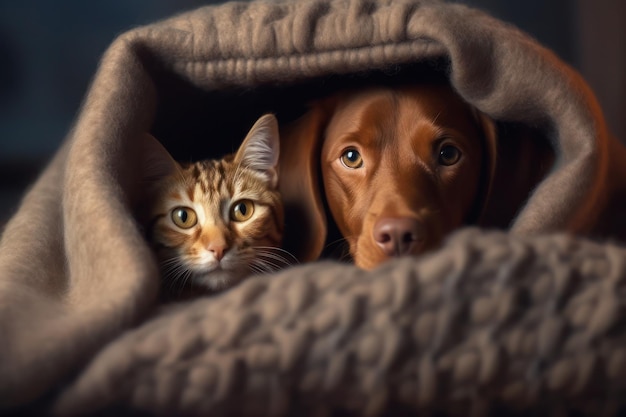 Um cão e um gato debaixo de um cobertor