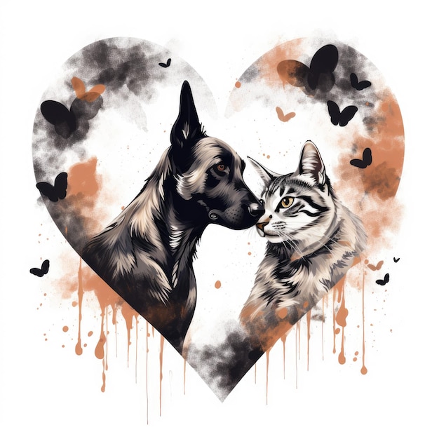 Um cão e um gato estão a beijar-se em frente a um coração com as palavras " amor " nele.