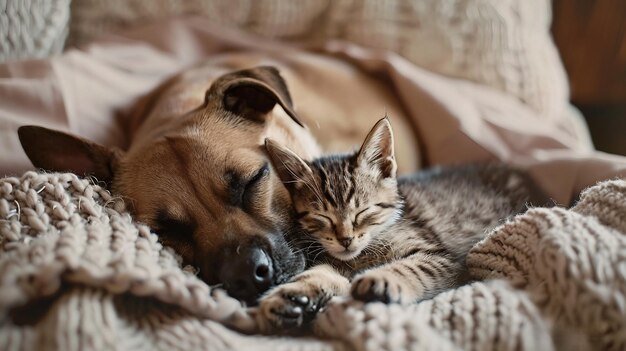 Um cão e um gato estão abraçados num sofá.