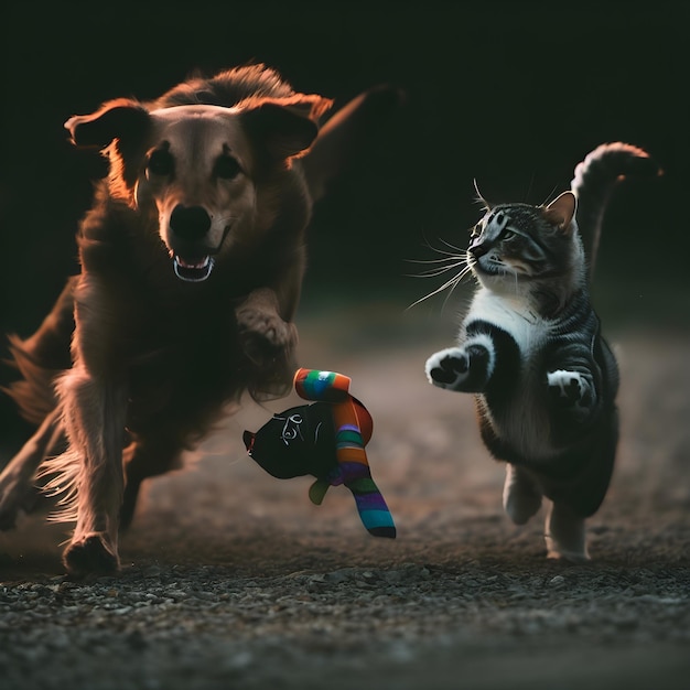 Um cão e um gato estão brincando um com o outro.