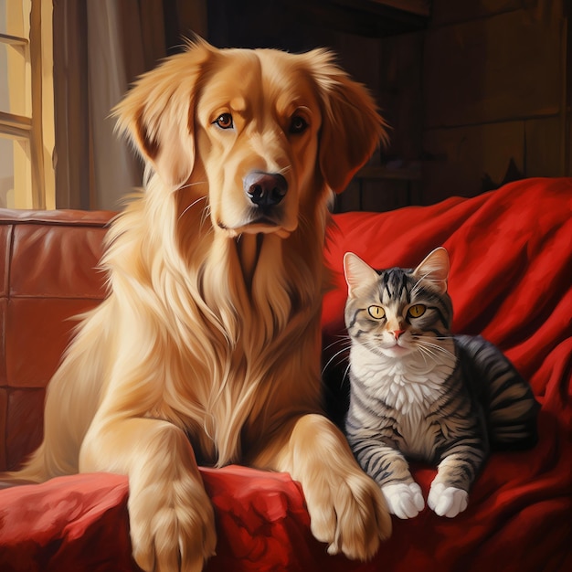 um cão e um gato estão sentados em um sofá vermelho