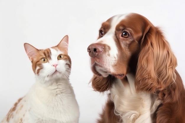 Um cão e um gato sentam-se juntos com expressões pacíficas