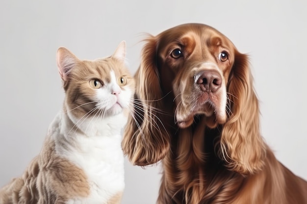 Um cão e um gato sentam-se juntos com expressões pacíficas