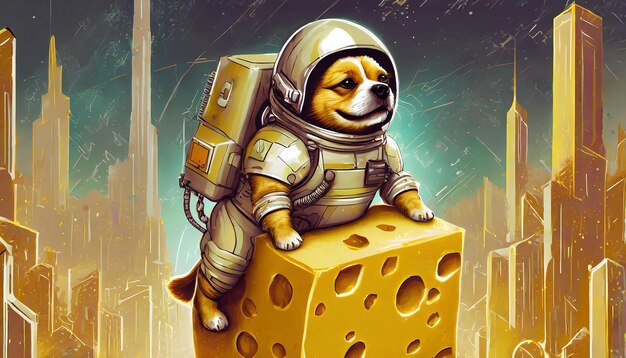 um cão em um fato espacial com um capacete em senta-se em um queijo