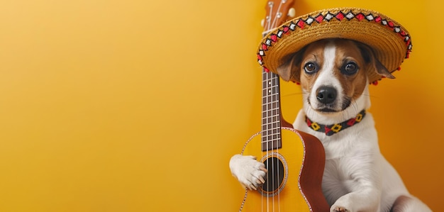 Foto um cão encantador adornado com um chapéu sombrero toca uma guitarra contra um fundo amarelo vibrante