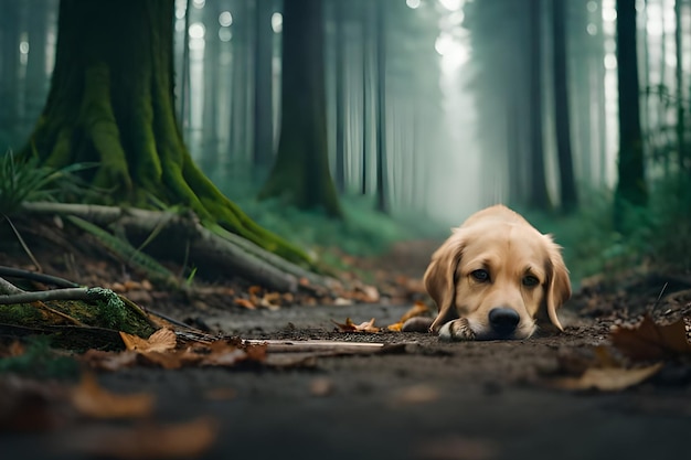 Um cão encontra-se em um caminho em uma floresta.