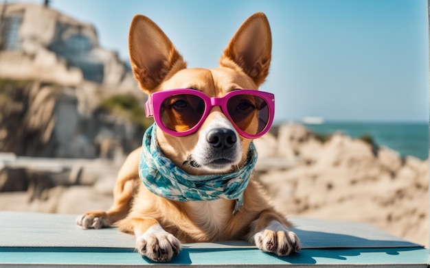 Um cão engraçado com óculos de sol de moda está deitado na praia Espaço para texto