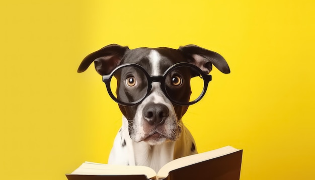 Um cão engraçado e espantado usa óculos com um livro em fundo amarelo