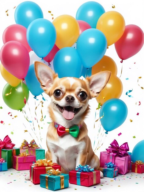 Foto um cão engraçado sorrindo na festa com presentes de balões e confete isolados em fundo branco