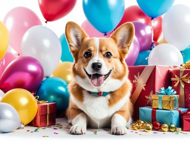 Um cão engraçado sorrindo na festa com presentes de balões e confeti isolados em fundo branco