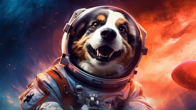 Um cão espacial em um traje espacial com a legenda cosmonauta nele