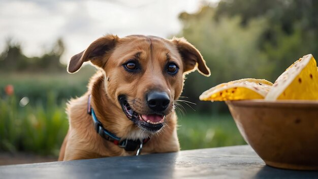 Foto um cão está brincando com um pedaço de comida em sua boca