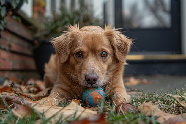 Um cão está brincando com uma bola no quintal da frente