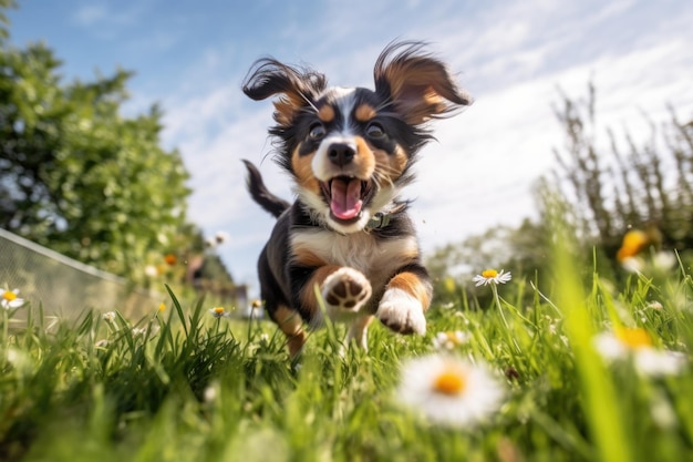 Um cão está correndo em um campo de flores o cão está feliz e entusiasmado e as flores são brilhantes e coloridas