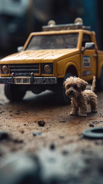 Foto um cão está de pé ao lado de um carro amarelo com o número de matrícula 399