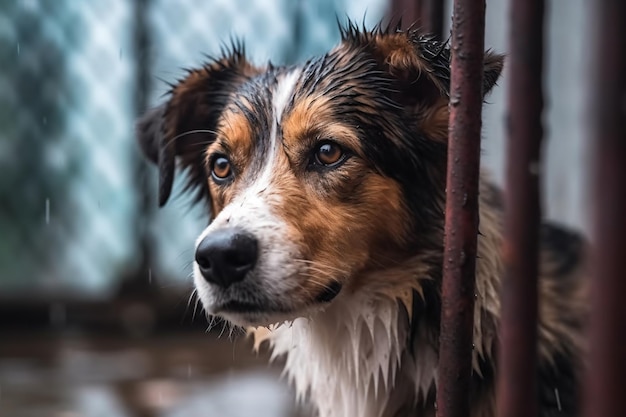 um cão está de pé atrás de uma cerca na chuva