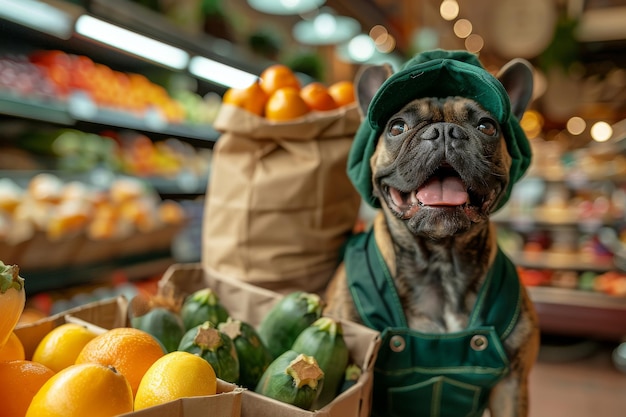 Foto um cão está de pé na frente de uma pilha de frutas e legumes